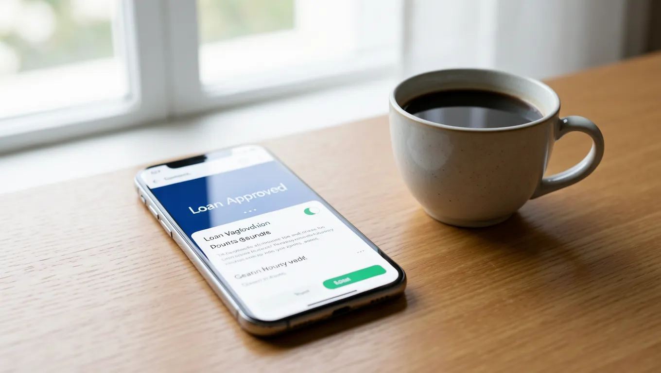 Smartphone showing $1000 personal loans approval notification on a desk