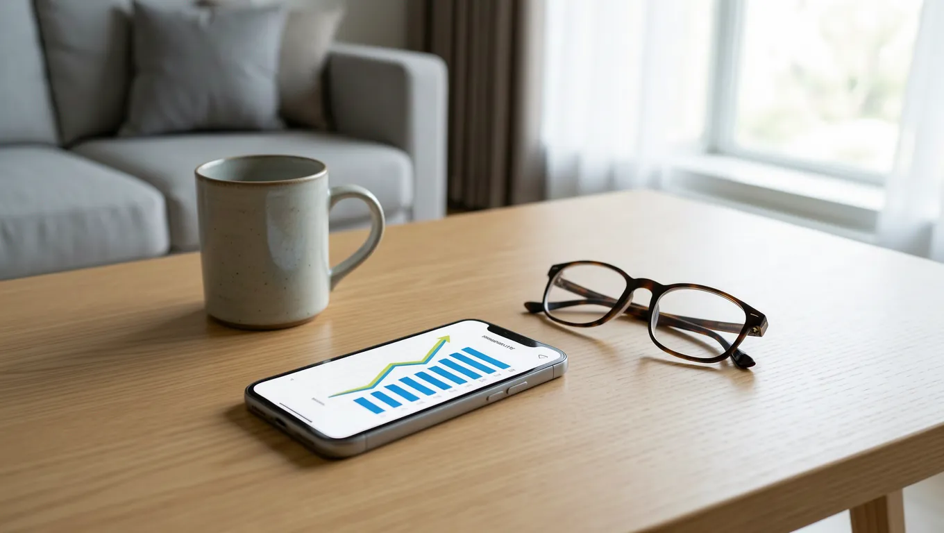 Smartphone showing a financial growth chart on a coffee table