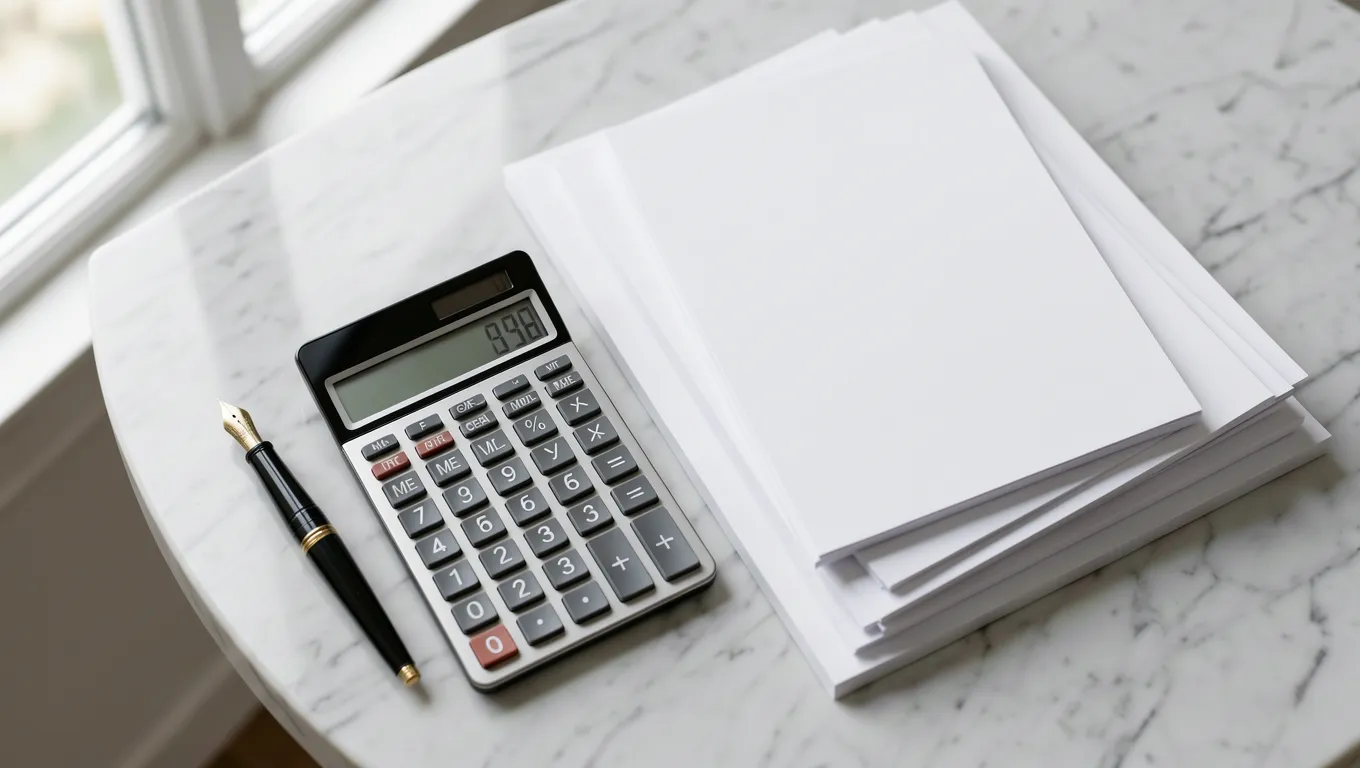 Organized desk with a calculator and financial documents
