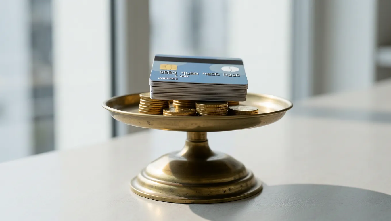 A brass scale balancing credit cards and gold coins for financial stability