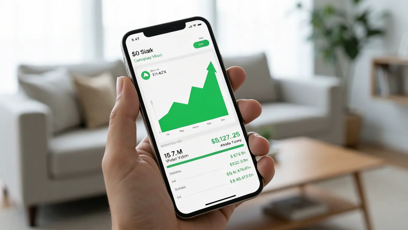 Hand holding a smartphone showing a rising financial growth chart