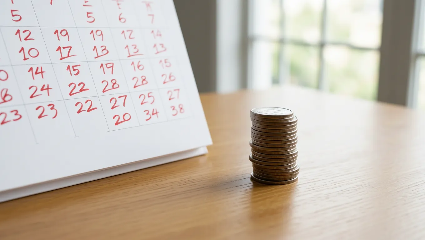 A desk setup showing a marked calendar and coins for debt planning