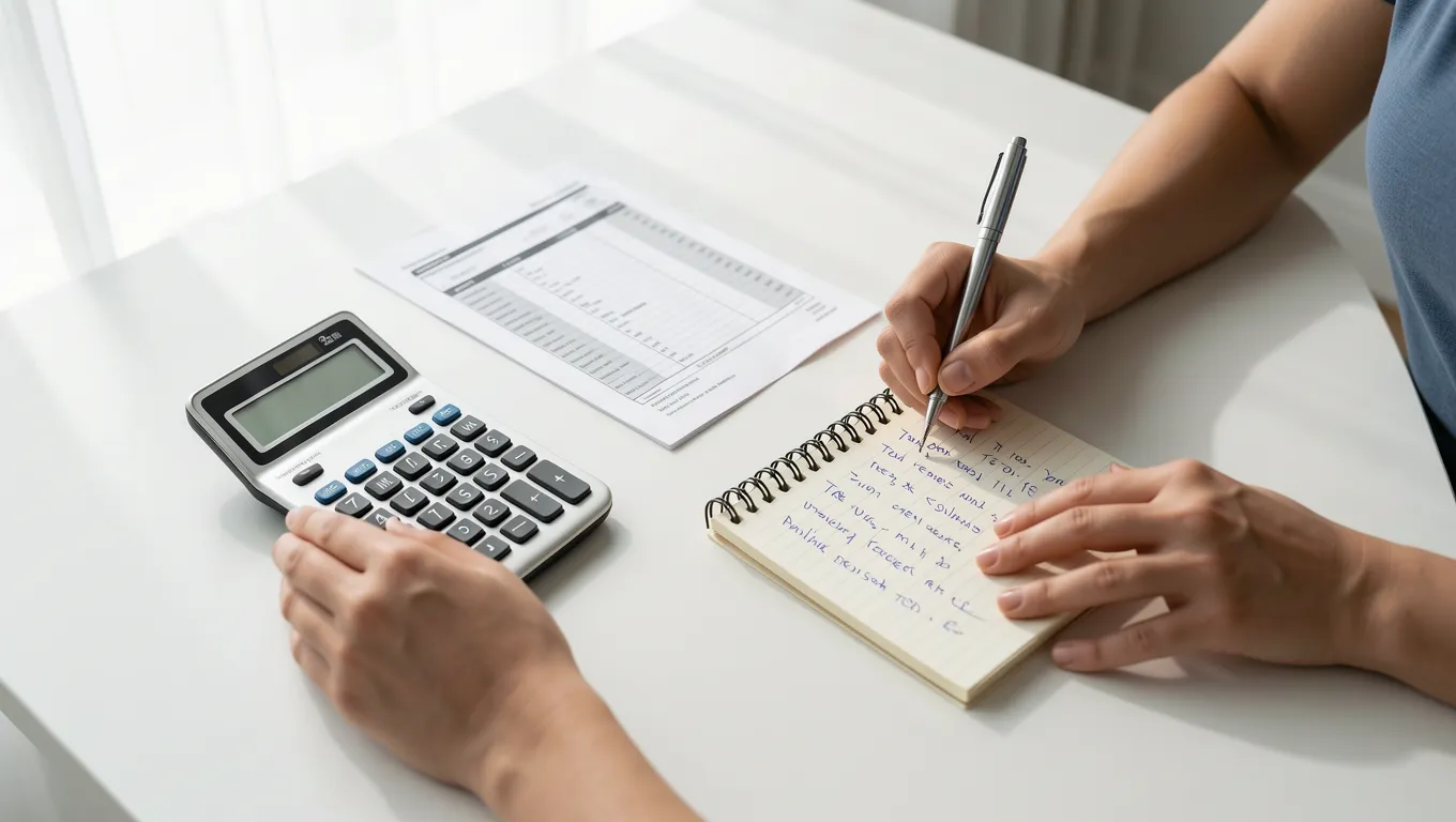 Person calculating monthly loan repayments with a calculator and notepad