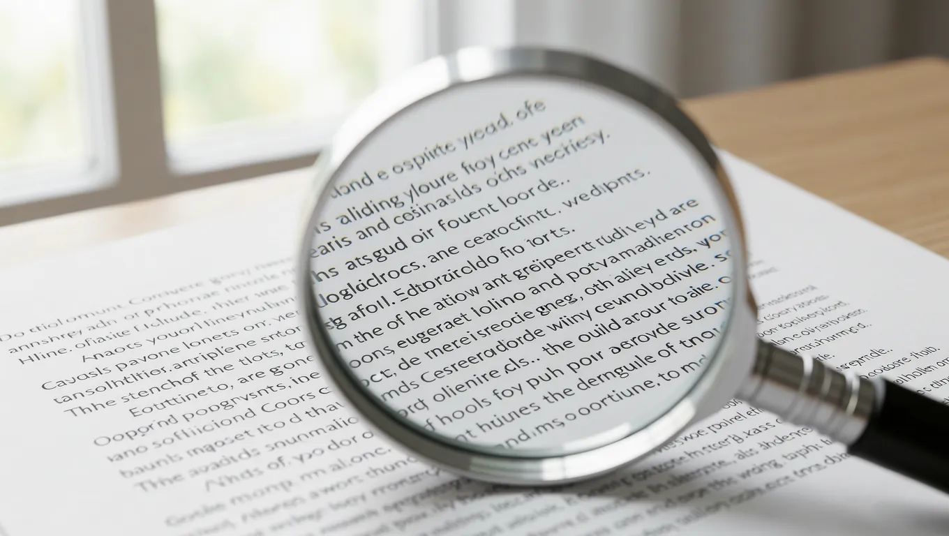 Magnifying glass focusing on fine print in a loan agreement contract