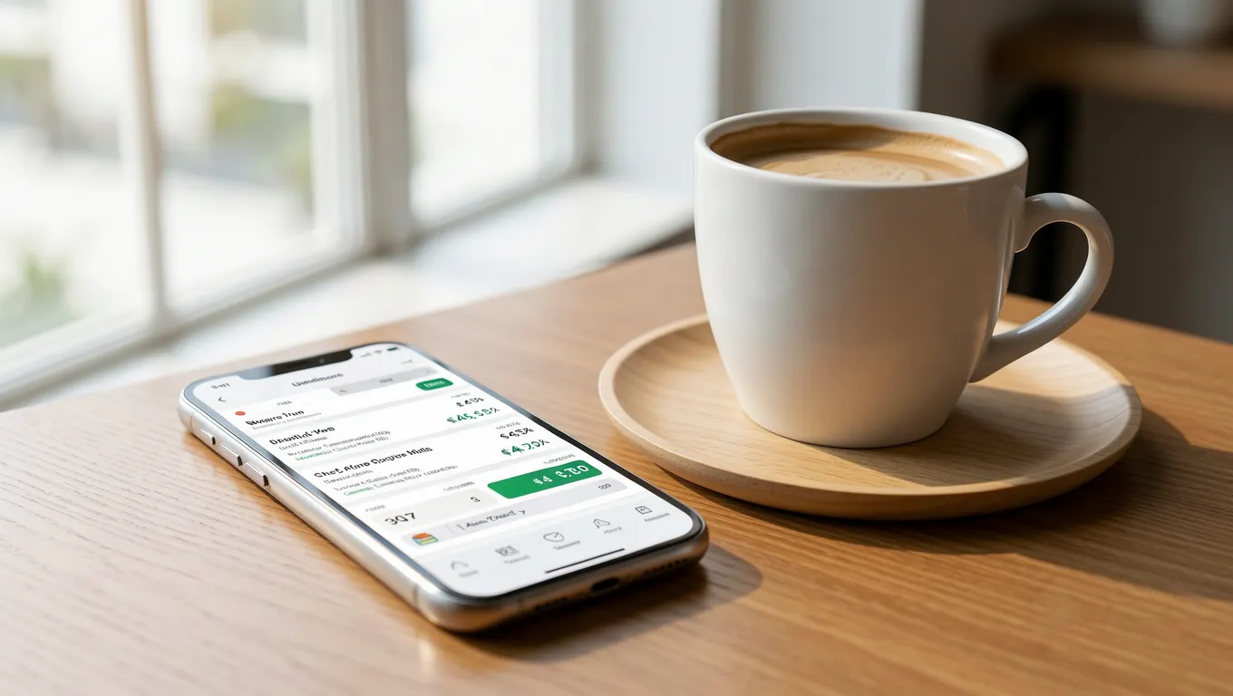 Smartphone showing a financial application on a wooden desk in soft light