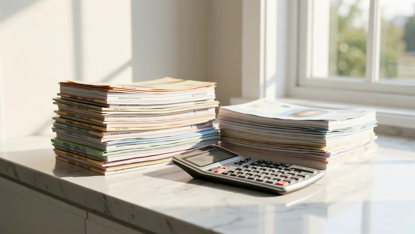 Calculator and household bills arranged neatly on a bright marble surface