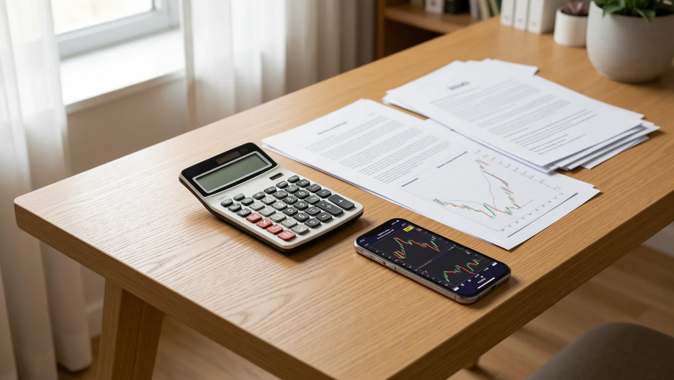 Financial documents and a calculator on a wooden desk in a bright room