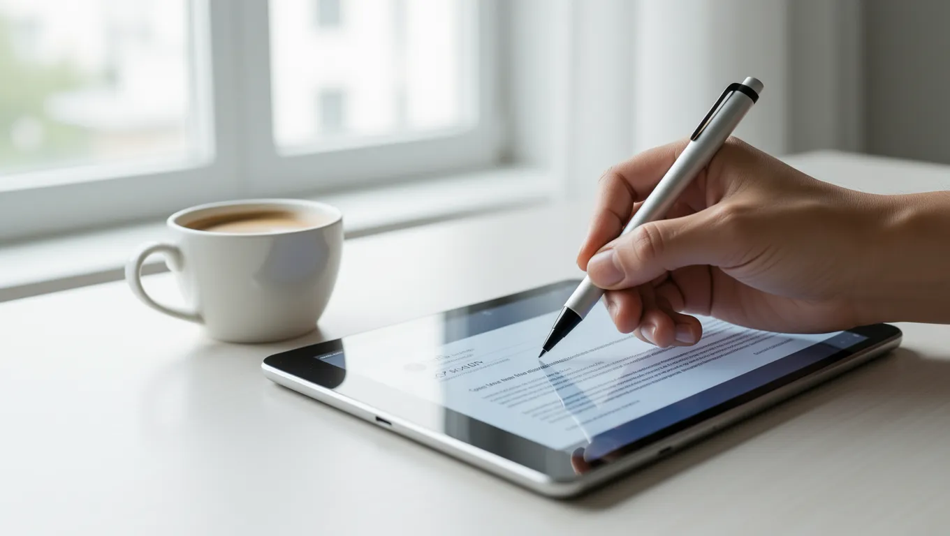 Hand signing a digital loan agreement on a tablet screen
