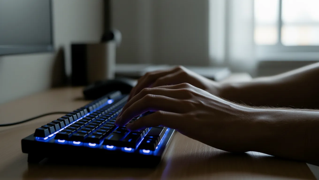 Hands typing on a backlit computer keyboard in dim lighting