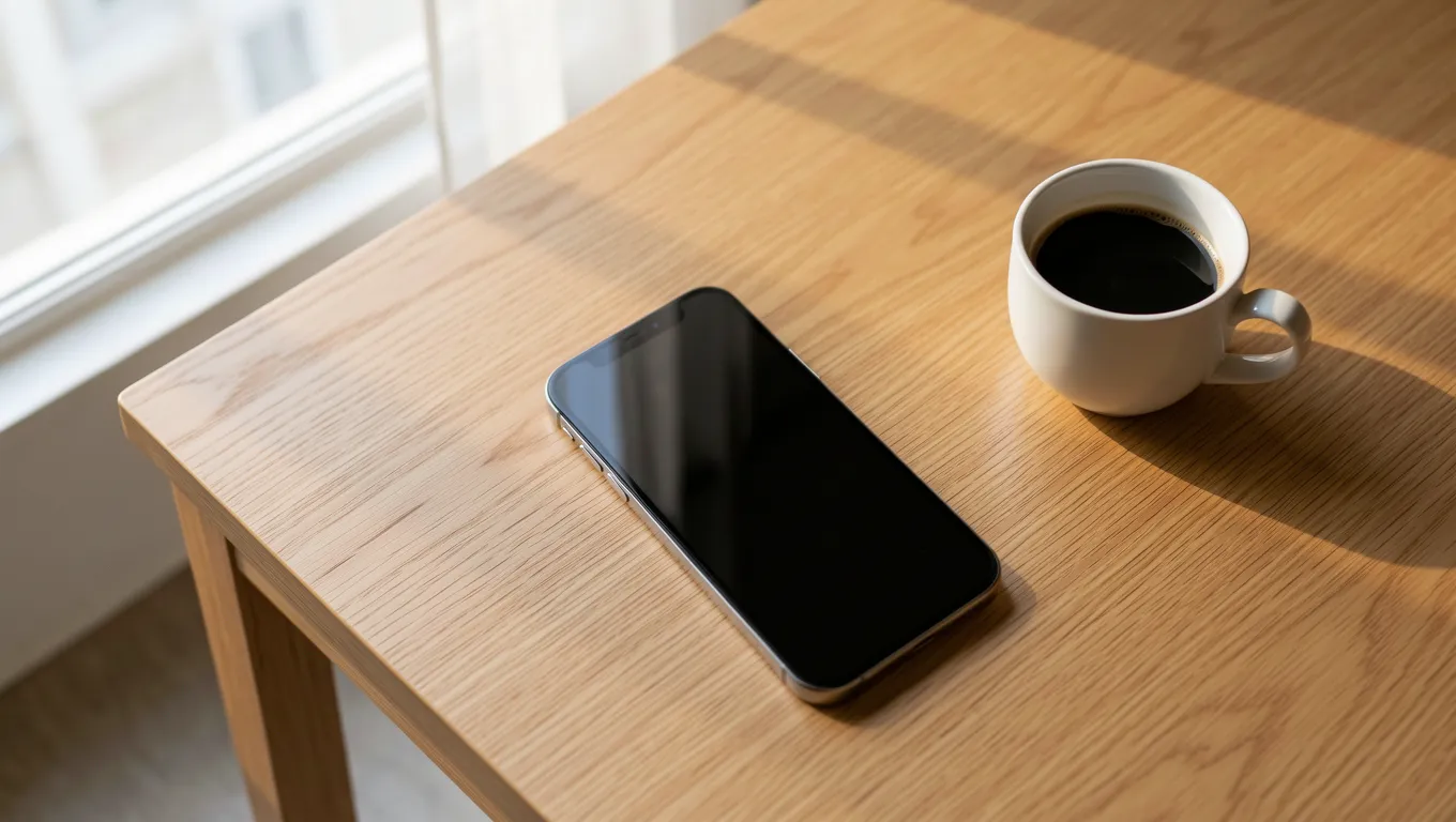 Organized home office desk with a smartphone and coffee
