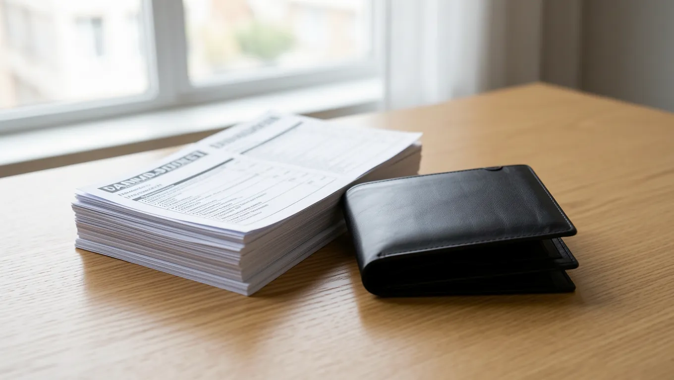 Stack of unpaid utility bills and an empty leather wallet