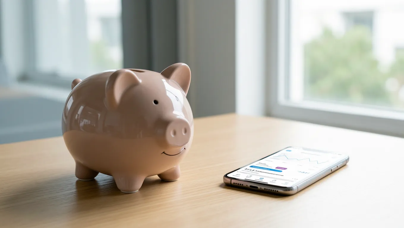 Piggy bank and smartphone showing financial data in soft lighting