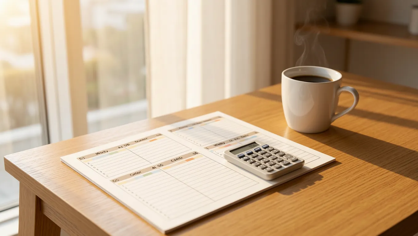 A workspace with a budget planner and calculator in natural light