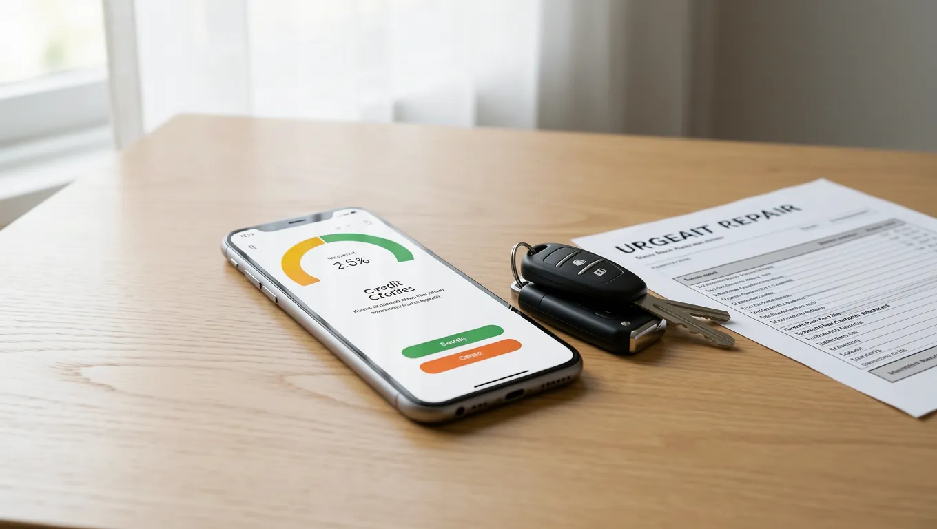 Smartphone showing a credit score near car keys