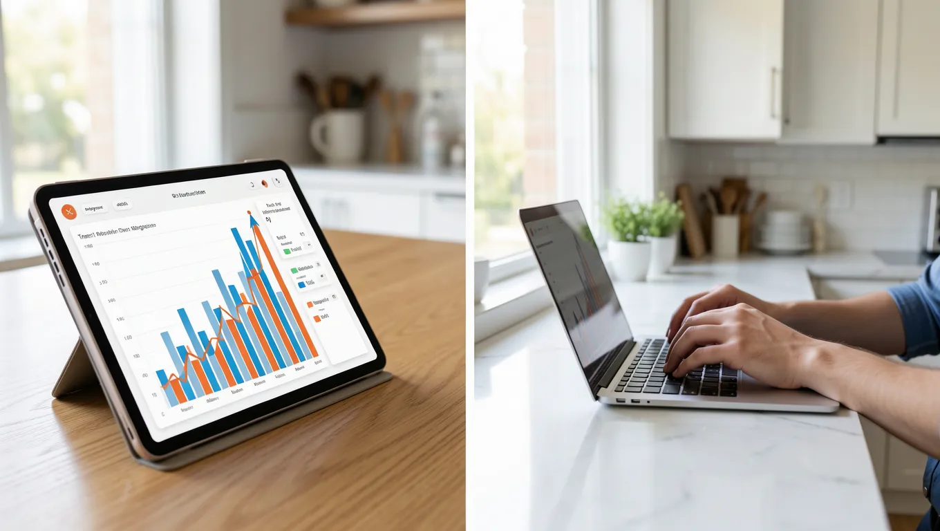 Digital financial dashboard and laptop in a home setting