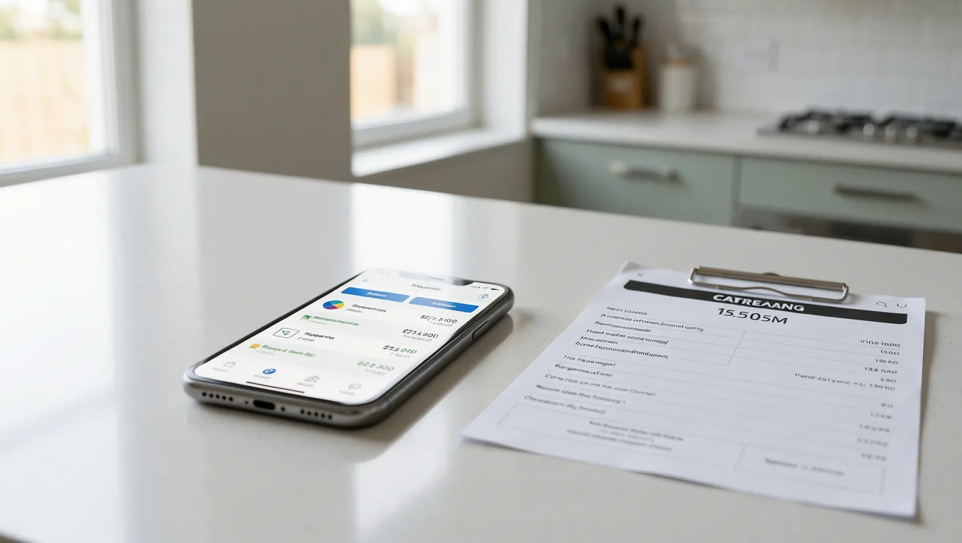 Smartphone with banking app next to an emergency repair invoice
