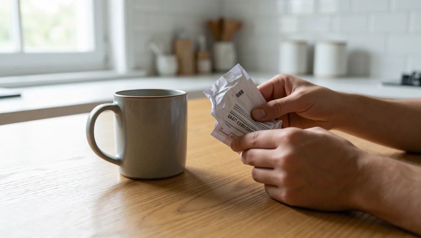 Hand holding a utility bill near an empty mug on a wooden table