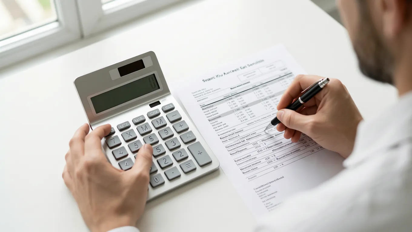 Hands using a calculator and pen next to a bank statement