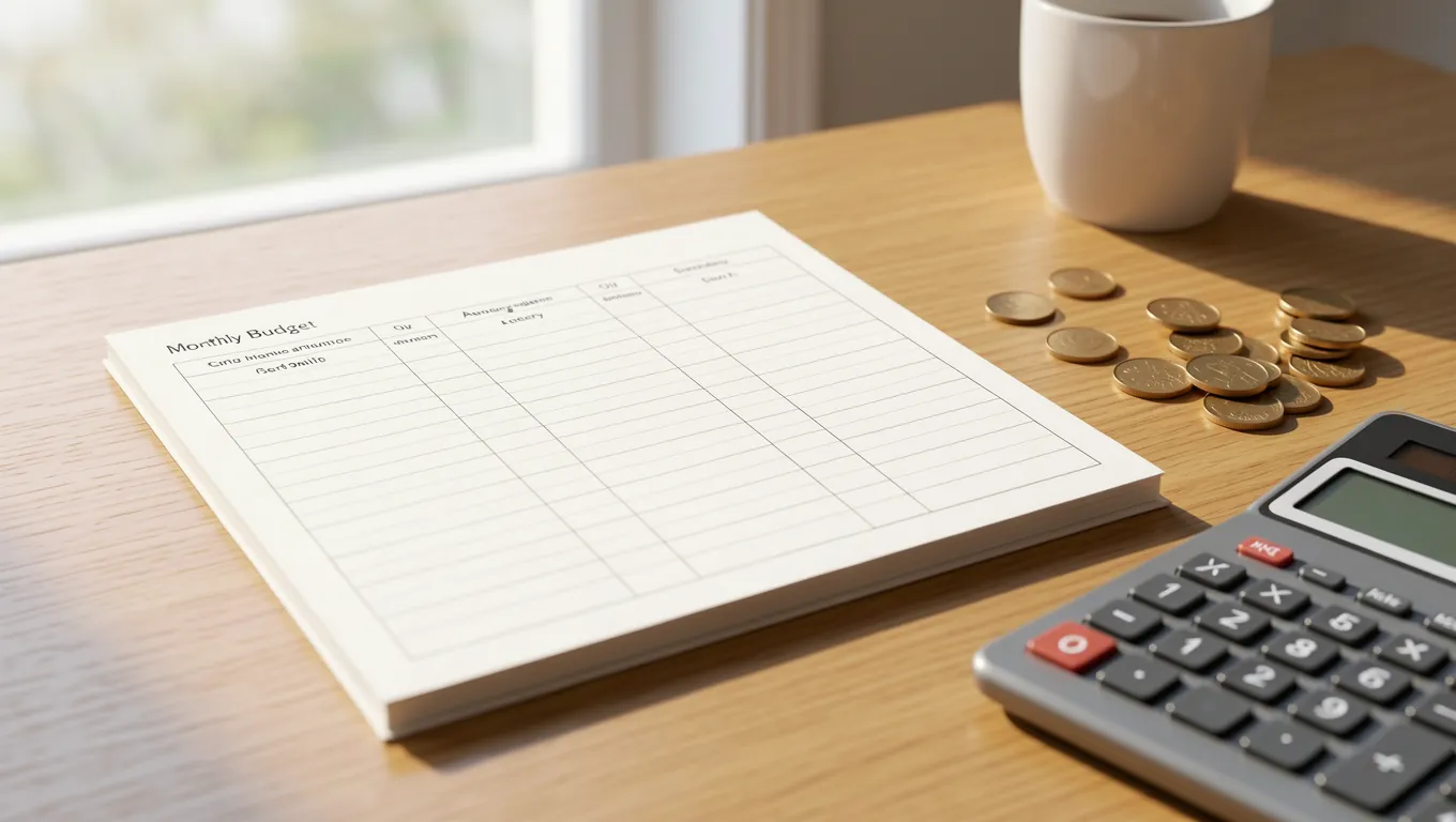 Handwritten budgeting planner with a calculator and coins on a desk