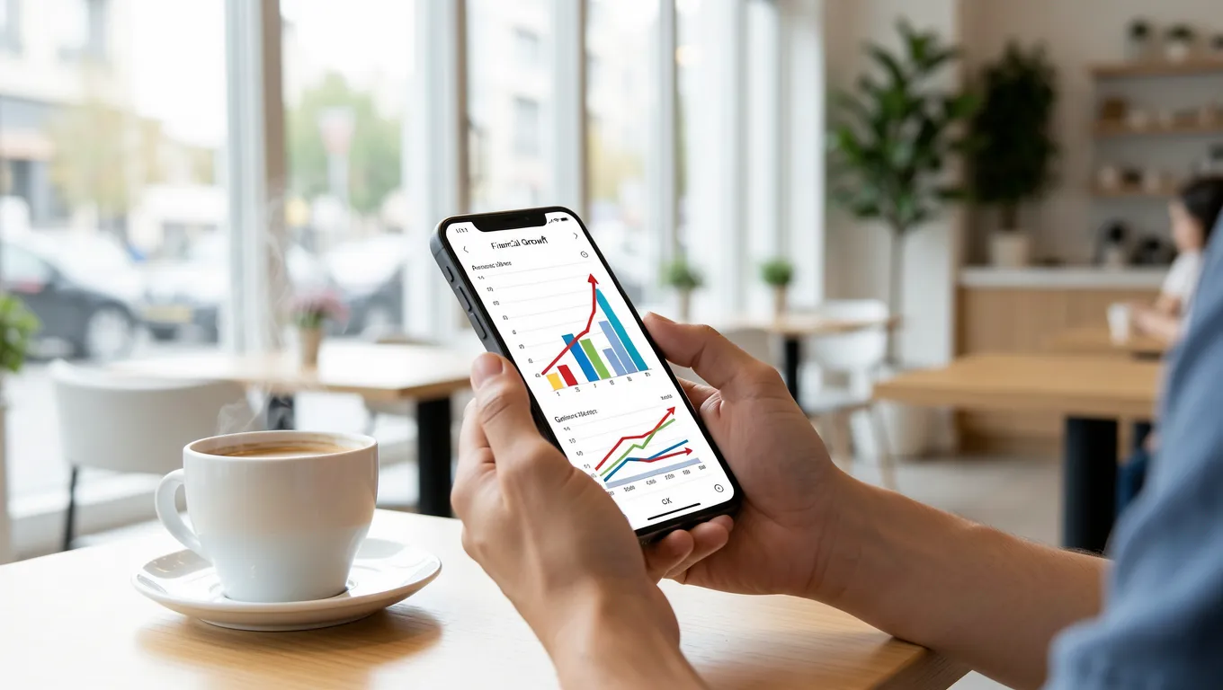 Person checking a financial app on a smartphone in a cafe