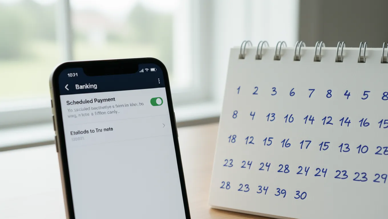 Smartphone displaying a bank notification next to a marked calendar
