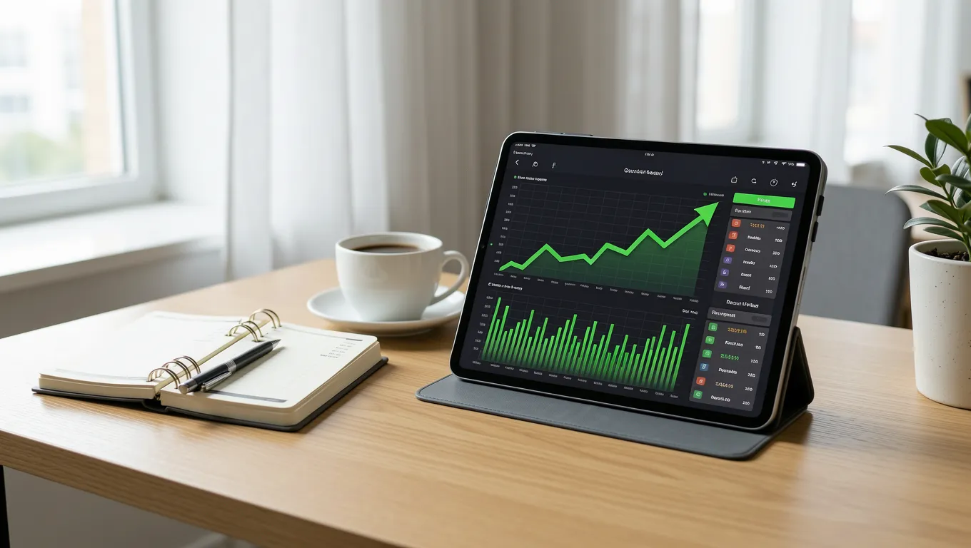 Organized workspace with a financial dashboard on a tablet