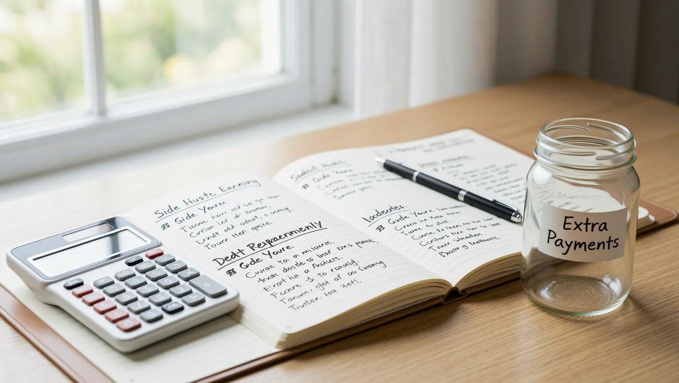 Planner with debt repayment goals and a calculator on a desk