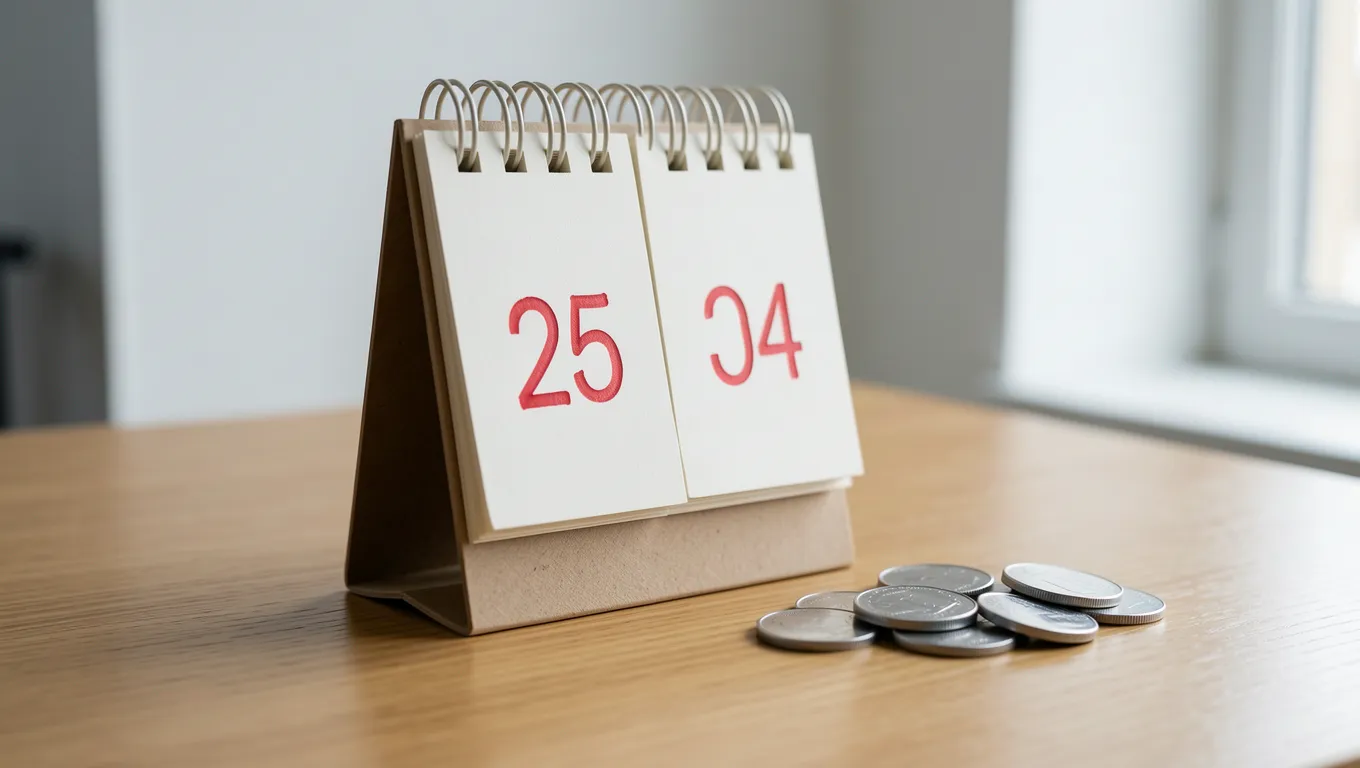 Physical desk calendar with two important dates and silver coins