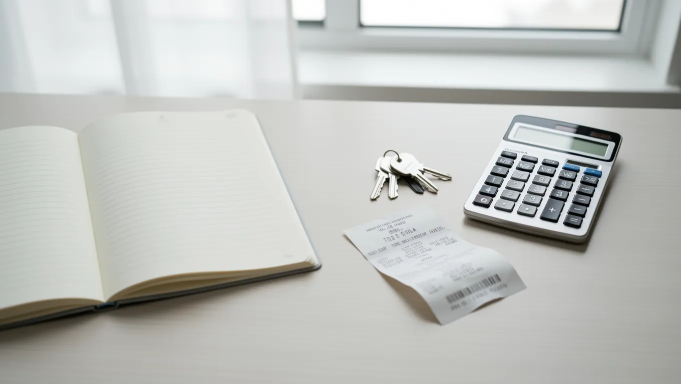Top-down view of an open planner, calculator, and house keys