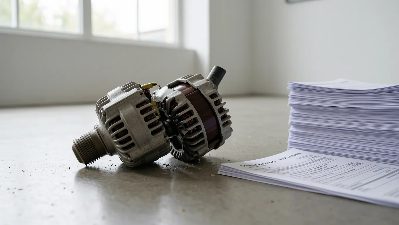 Close up of an emergency car repair bill and a broken car part