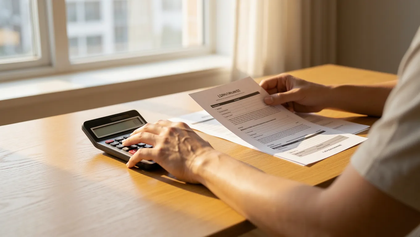 Hands calculating monthly payments for personal loans on a wooden table