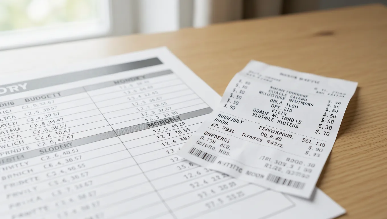 Monthly budget sheet and grocery receipt showing rising costs