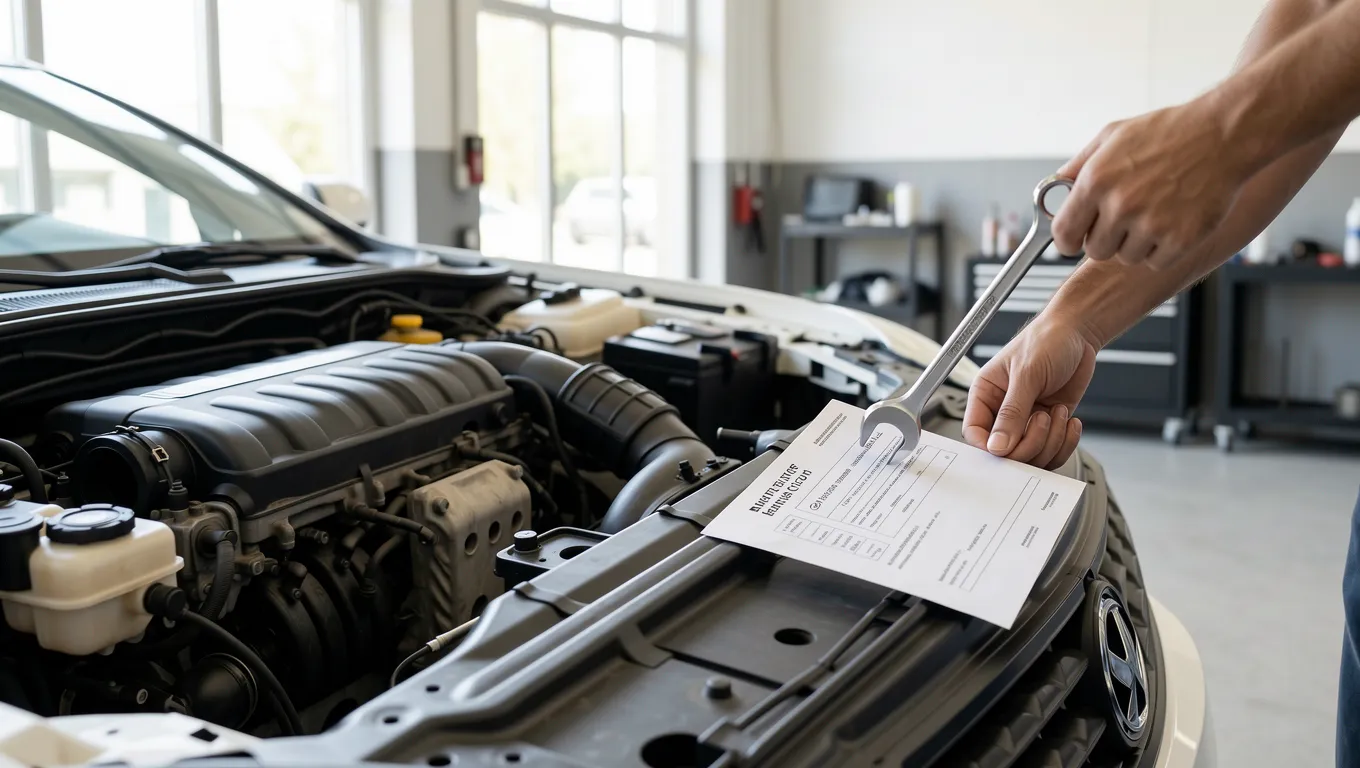 Close up of automotive repair work and a service bill