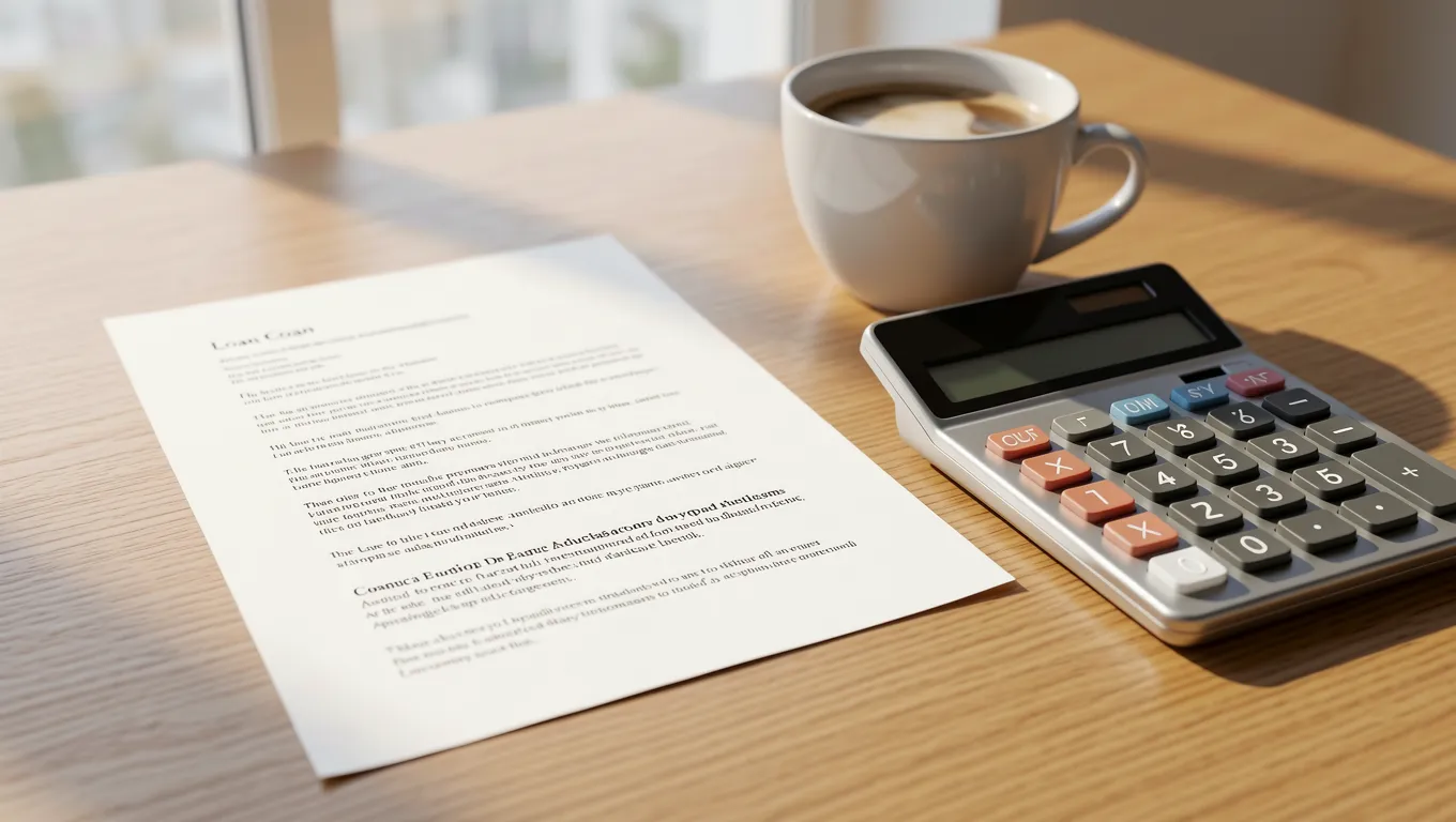 A printed loan agreement sitting on a desk with a calculator