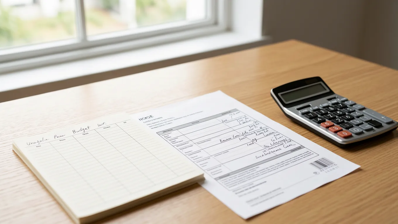 Handwritten budget planner with an unpaid bill and calculator