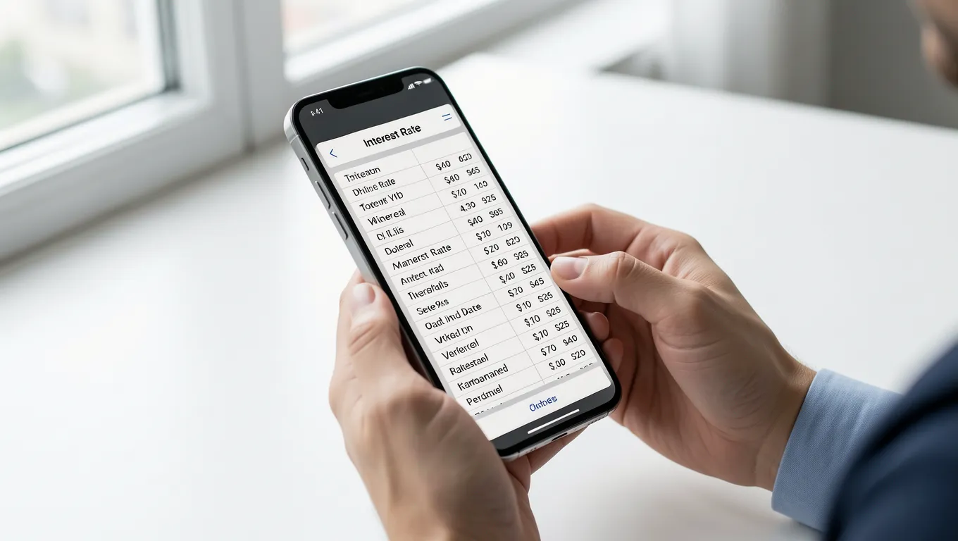 Hands comparing loan interest rates on a smartphone