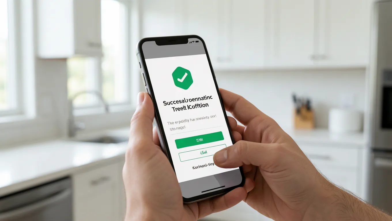 Smartphone showing a successful immediate personal loans transfer in a bright home setting