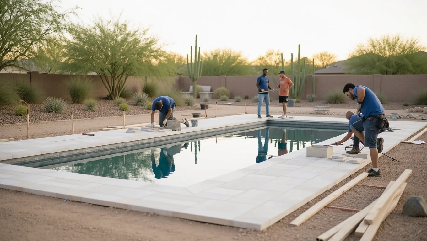 Luxury backyard pool being constructed for home improvement loan purposes.