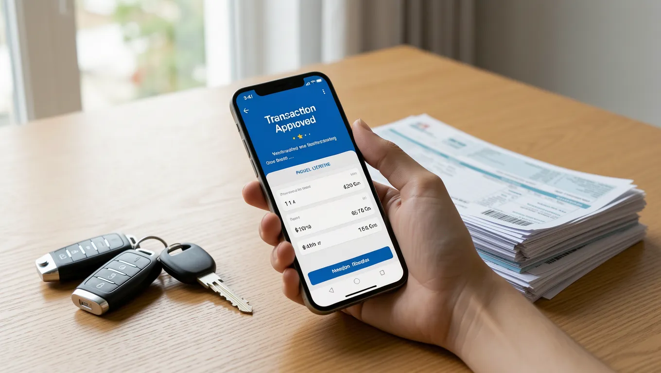 Hand holding a phone showing an approved transaction for no credit check loans.
