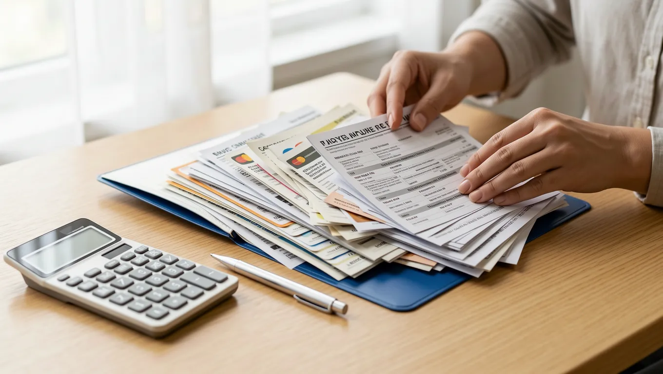 Person organizing many debt bills into one folder for personal loans for debt consolidation