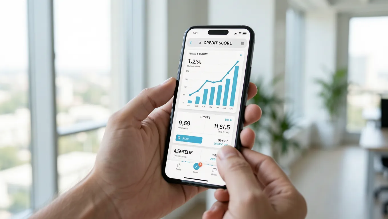 Digital credit score dashboard on a mobile phone for personal loans with low credit score.