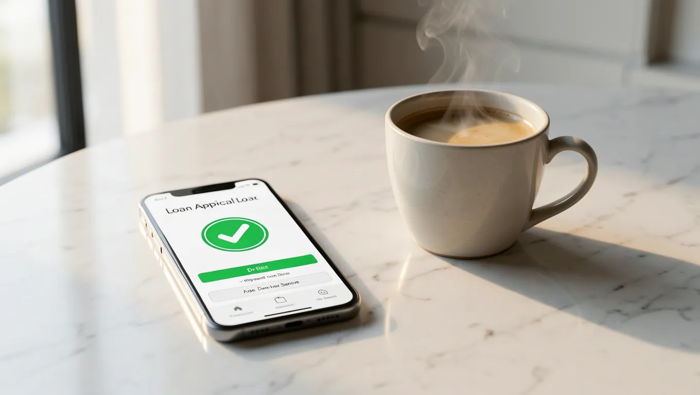 Smartphone displaying an approved unsecured cash loans application on a clean counter